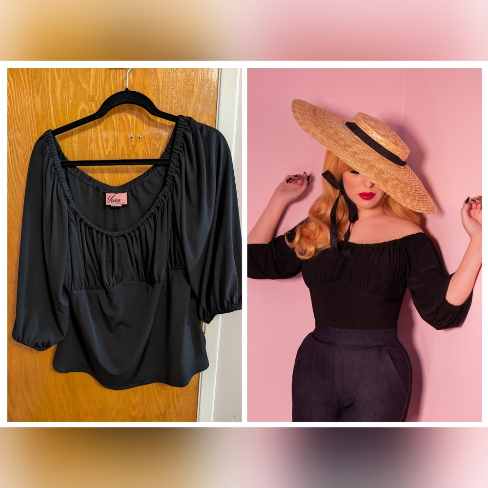 Vixen By Micheline Pitt Vacation Blouse Retro Peasant Top In Black Plus Size 2X